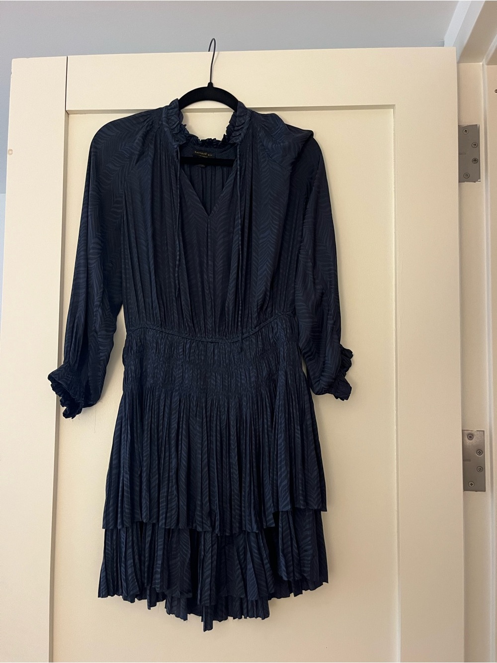 Current/Aire Navy Textured Pleated Tiered Long Sleeve Dress